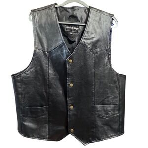 American Unique Leather Vest Mens XXL Black Biker Western Snap Front VTG Style